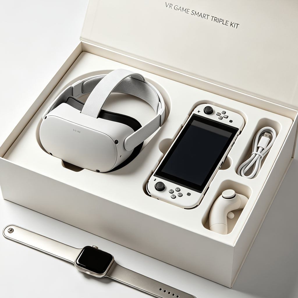 Phone VR Headset Bundle with Retro Handheld Game Console and Watch, Three-Piece Set with Listed 4.5–7-Inch Phone Fit and Multiple Color Combinations