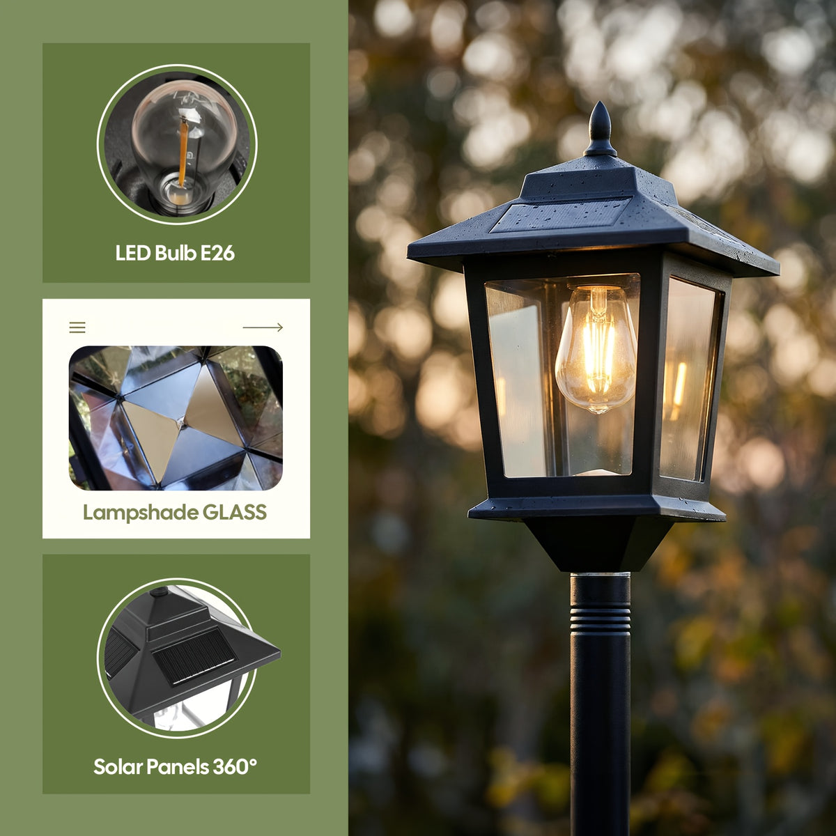 Warm White Solar Lamp Post Pair, Model 05I Two-Piece Decorative Outdoor Floor Lights with Listed 1800LM Claim for Garden, Yard and Entryway Displays