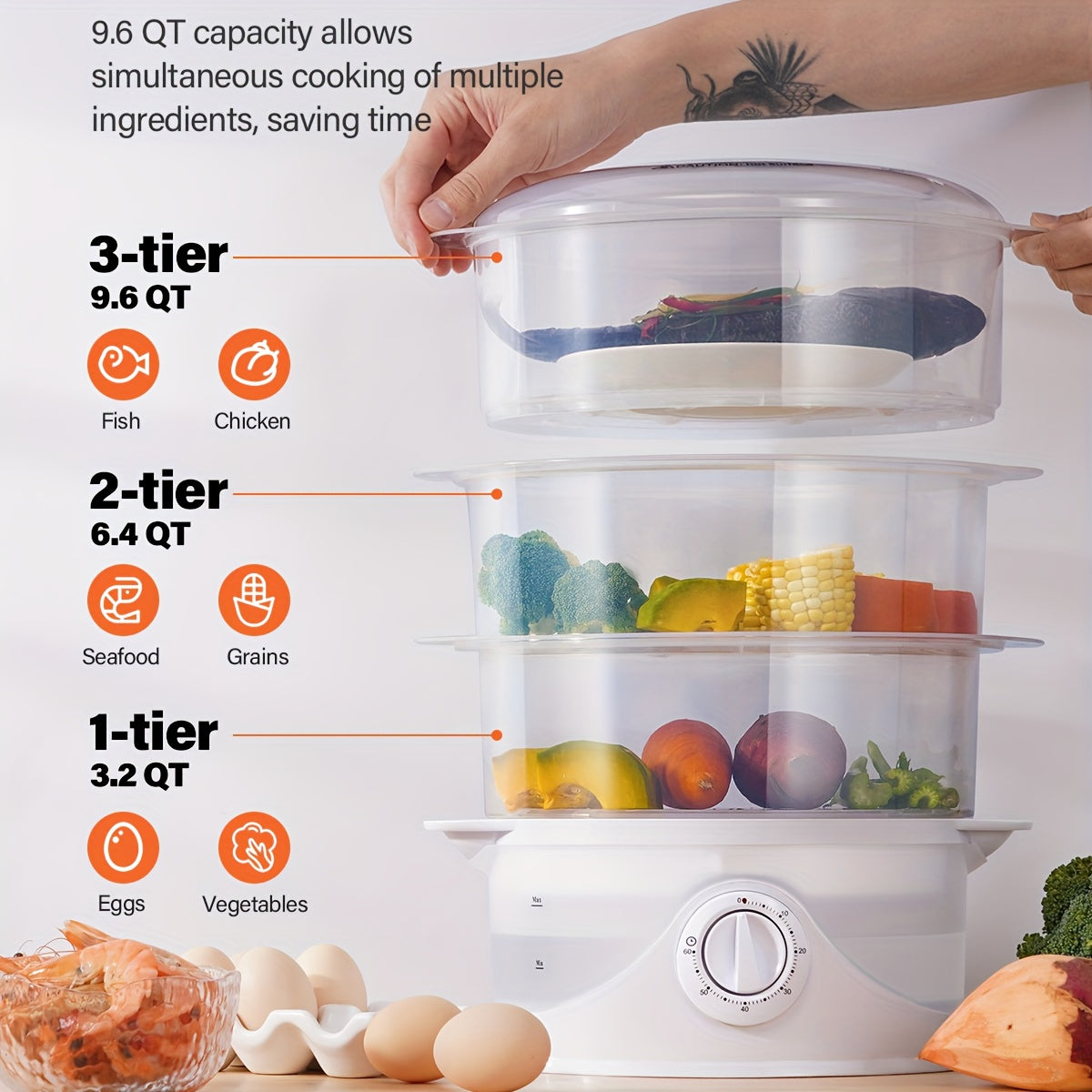 Electric Food Steamer with 3 Tiers, 9.6QT Capacity and 800W Power, White Vegetable and Dumpling Steamer with 60-Minute Timer and Boil-Dry Protection