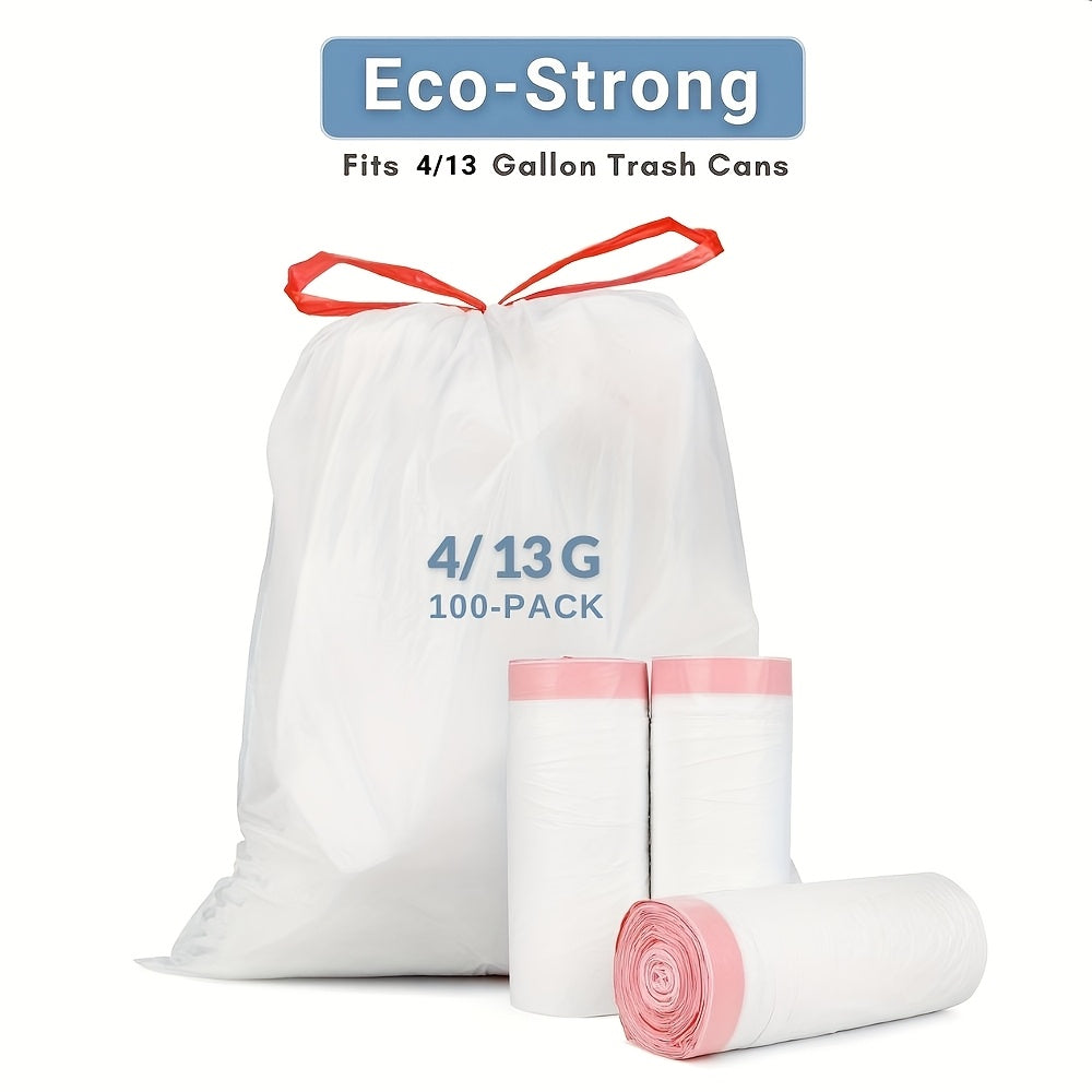 Drawstring Garbage Bags in 100-Count Packs, 4-Gallon or 13-Gallon Disposable Trash Can Liners for Compatible Kitchen, Office and Household Wastebaskets