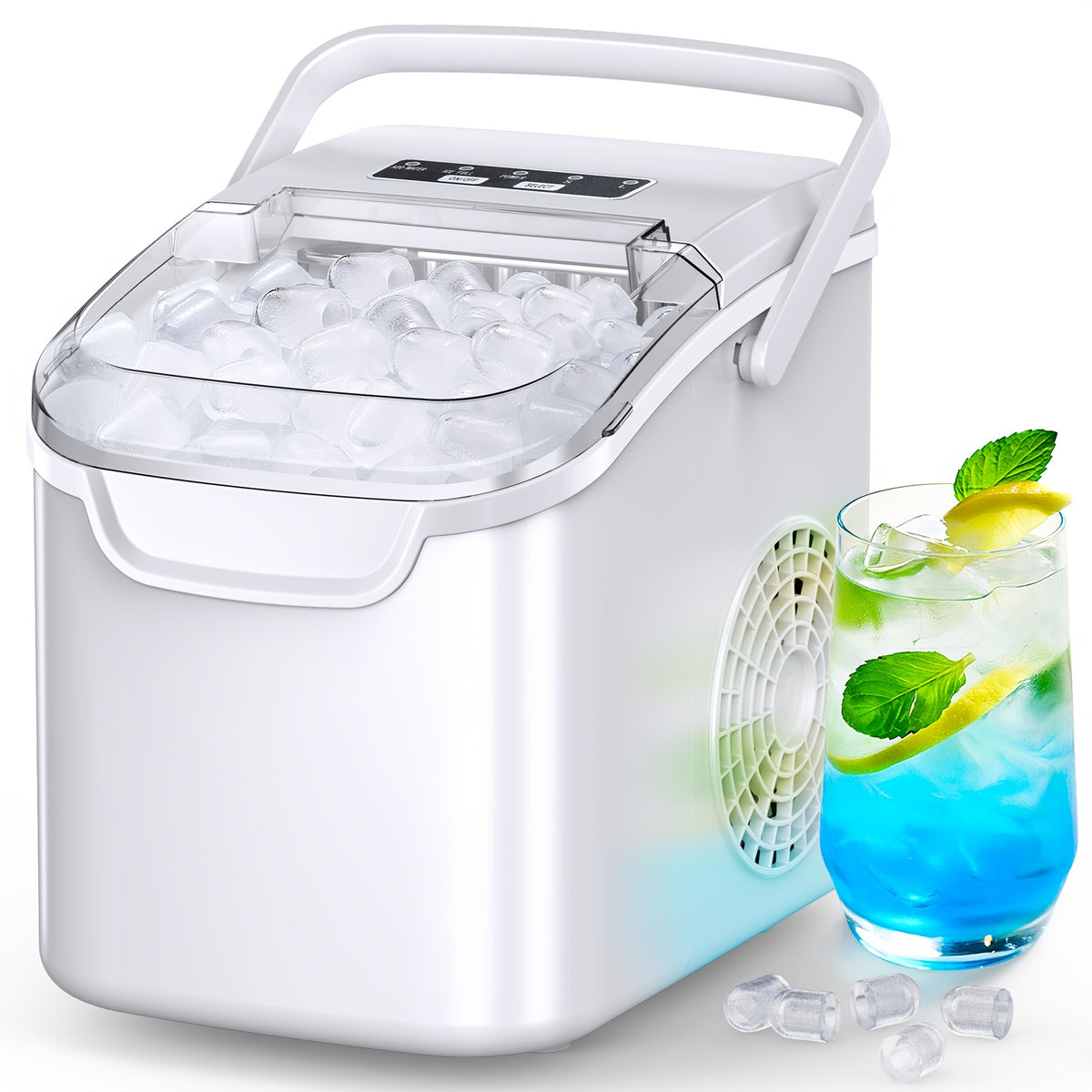 Handle-Equipped Countertop Ice Machine with Listed 26lb Daily Output, Six-Minute Ice Claim, Two Ice Sizes, Scoop, Basket and Self-Cleaning in Four Color Options