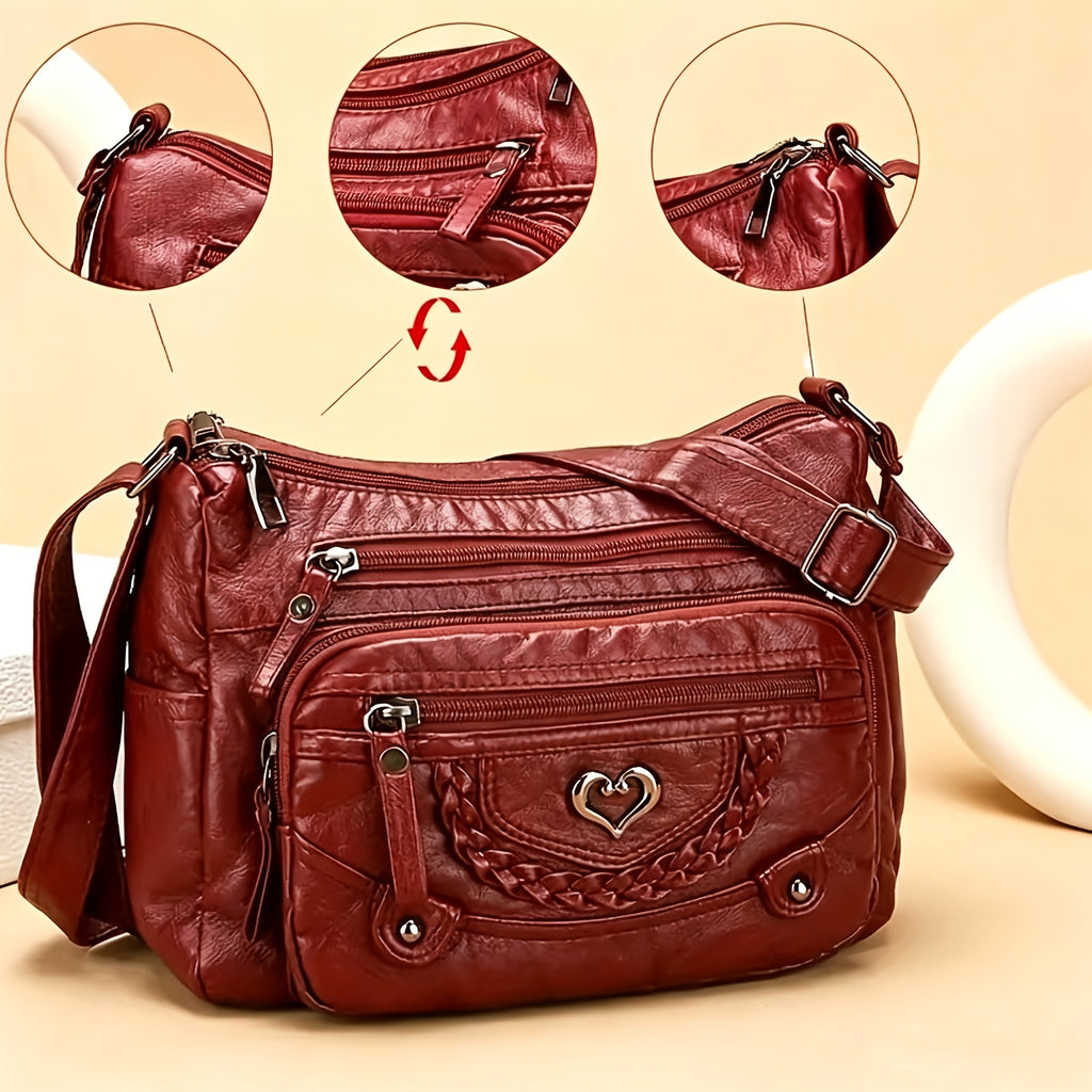 Grey Crossbody Bag with Heart Detail and Adjustable Shoulder Strap, Retro PU Purse with Multiple Zipper Pockets for Errands, Coffee Dates and Casual Daily Carry