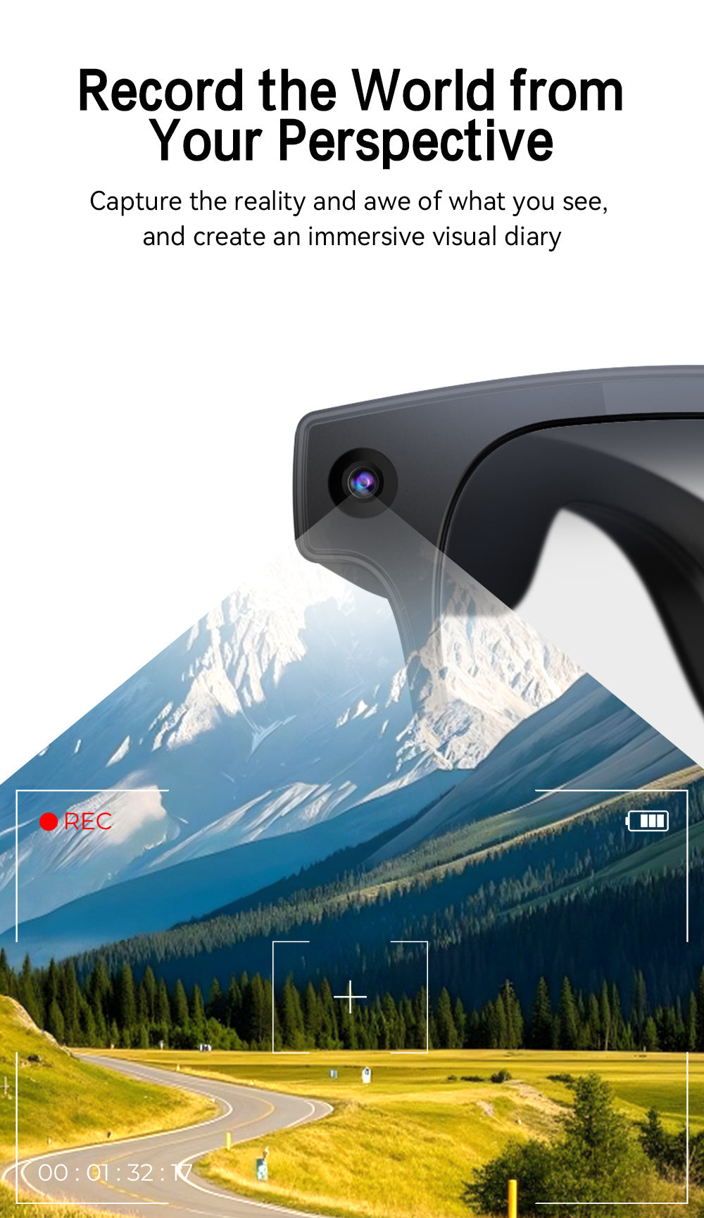 8MP-Labeled AI Camera Smart Glasses in Black with Video and Audio Recording, Bluetooth Calls and Music, Touch Controls and Listed Translation Features