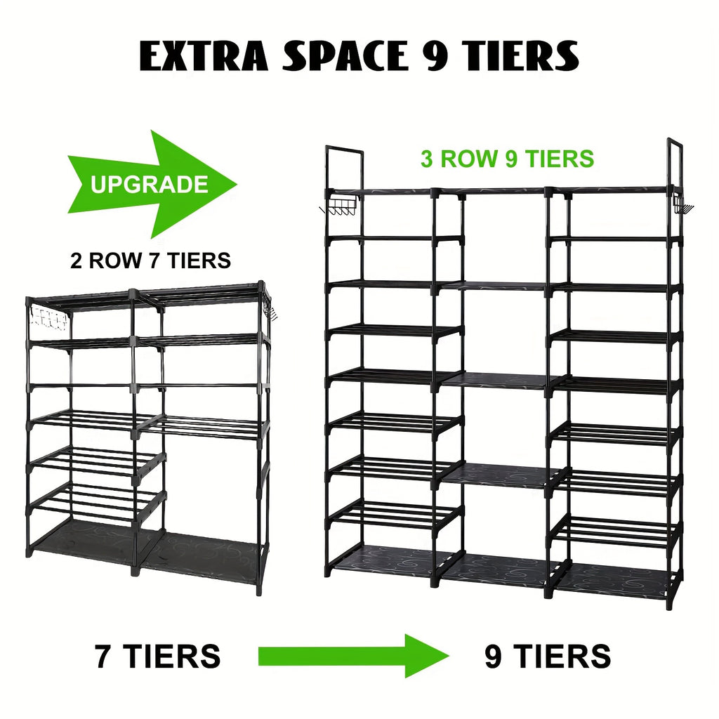 Nine-Tier Shoe Rack with Hooks, Black Metal Stackable Footwear Organizer with Listed 50–55 Pair Capacity for Entryway, Bedroom and Closet Storage
