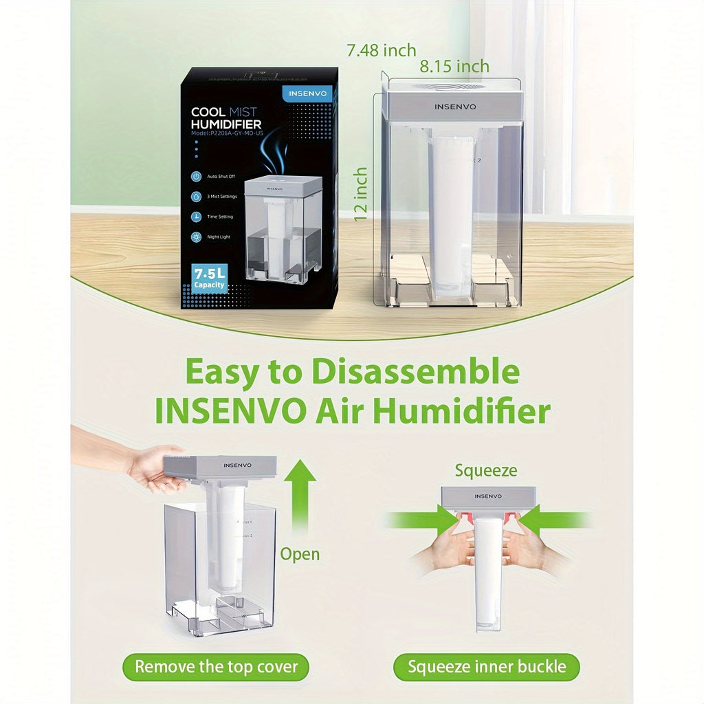 Room Humidifier with Three Mist Settings, Timer and Ambient Lighting, Gray and White Detachable Design for Bedroom, Living Room and Office Moisture Control