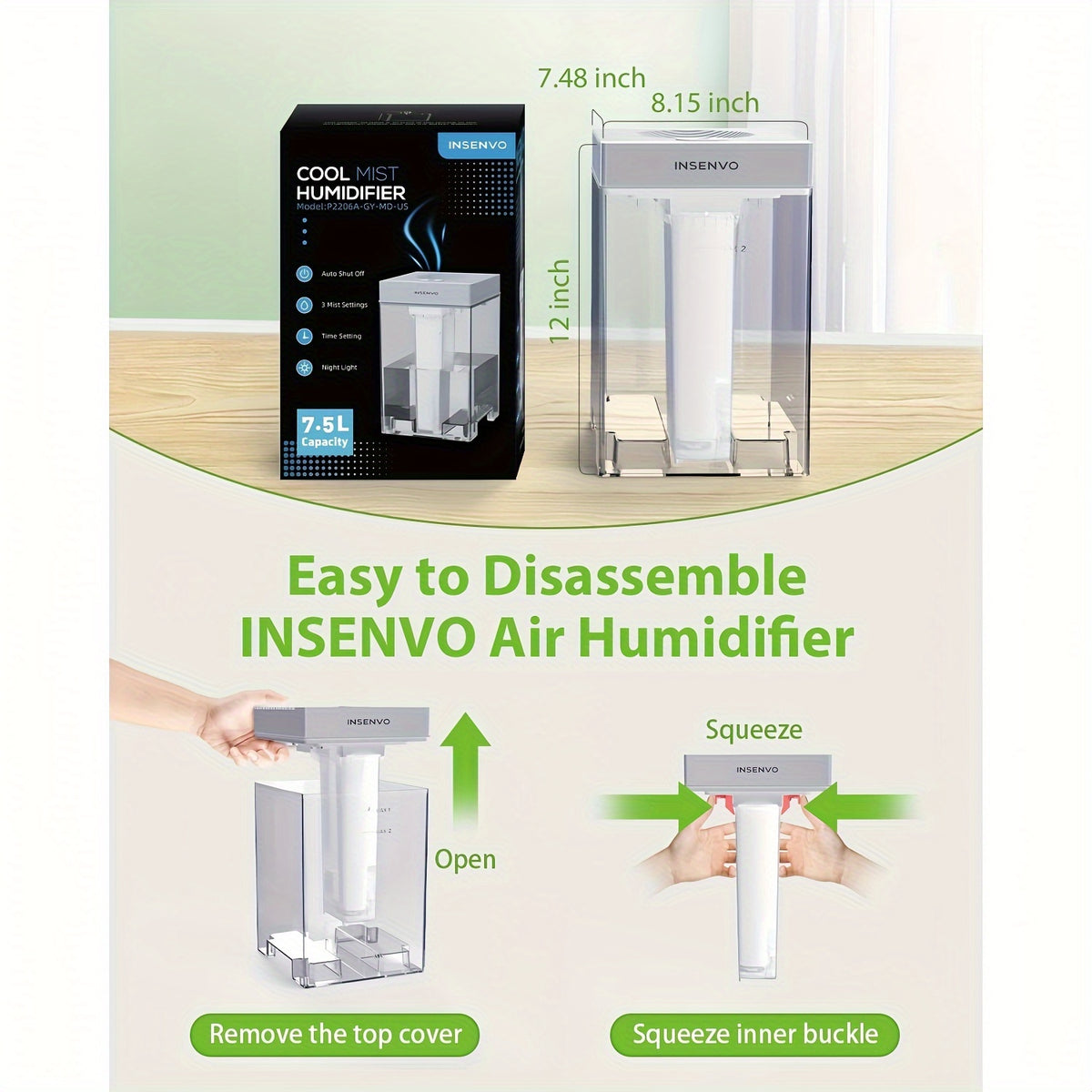 Room Humidifier with Three Mist Settings, Timer and Ambient Lighting, Gray and White Detachable Design for Bedroom, Living Room and Office Moisture Control