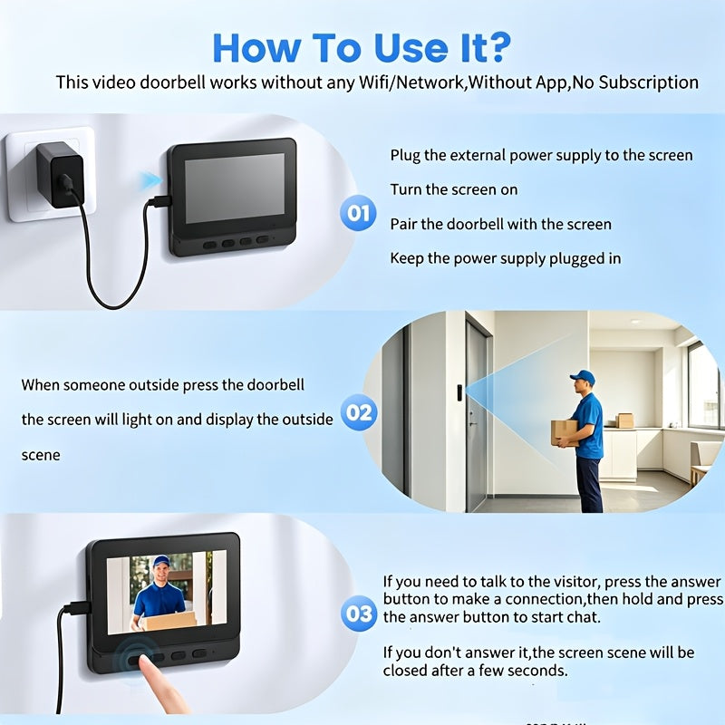 Indoor Monitor Video Doorbell with Listed 4.3-Inch Screen, Two-Way Talk and Infrared Night Vision, Black Wireless SD Card Options and Separate WiFi Style