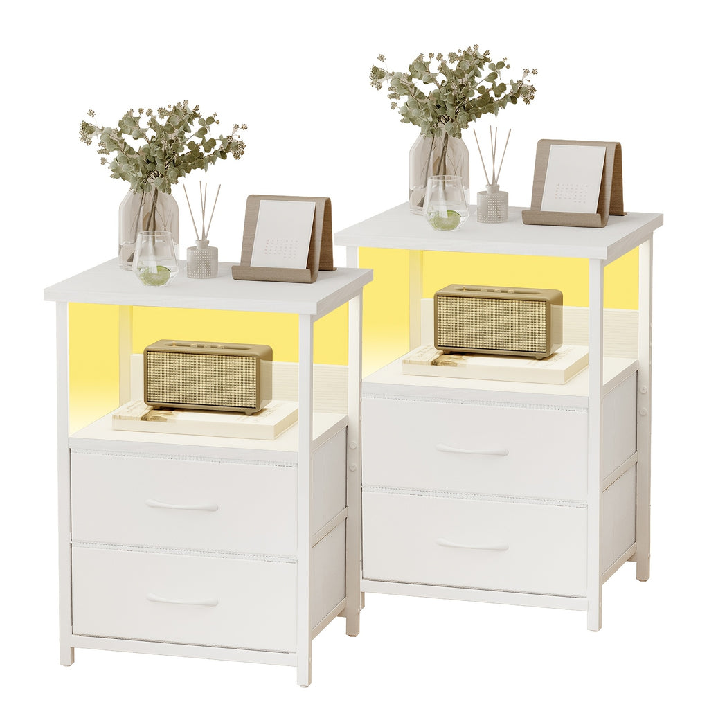 LED Nightstand with Charging Station, Smart Night Stand with USB Ports & Outlets, 2 Fabric Storage Drawers, Bed Side Table for Bedroom, Dorm & School, White or Black, 1pc / 2pcs