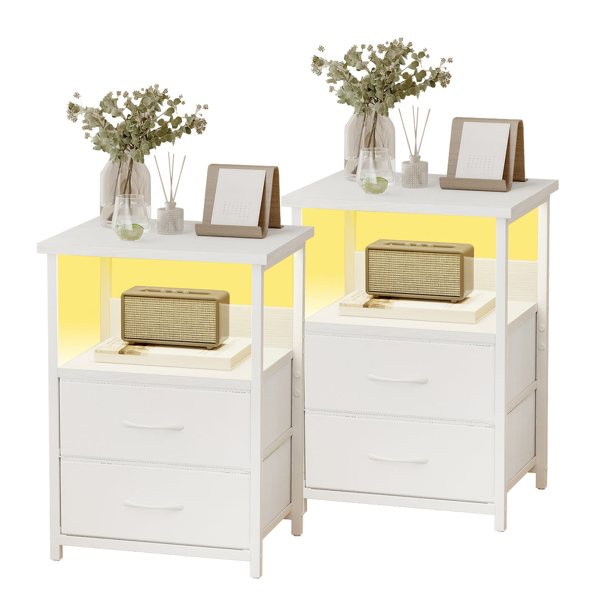 LED Nightstand with Charging Station, Smart Night Stand with USB Ports & Outlets, 2 Fabric Storage Drawers, Bed Side Table for Bedroom, Dorm & School, White or Black, 1pc / 2pcs