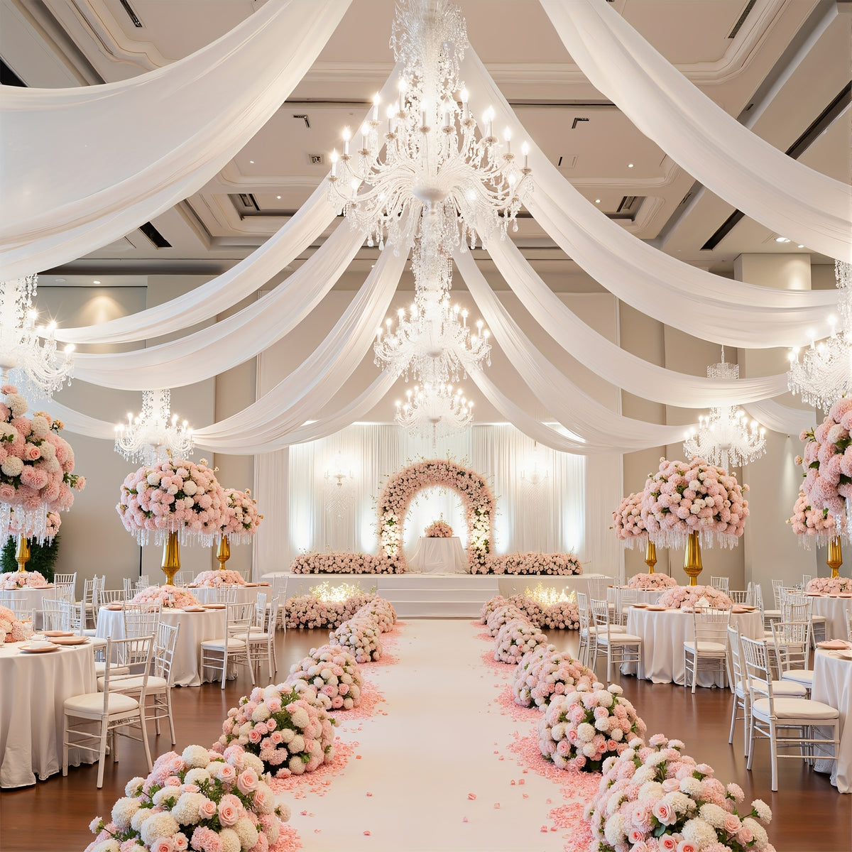 Wedding Ceiling Draping Fabric Set, Six Chiffon-Style Panels with Listed 63 x 118 Inch Size and Pole Pockets in Twelve Color Labels for Ceremony and Event Decor