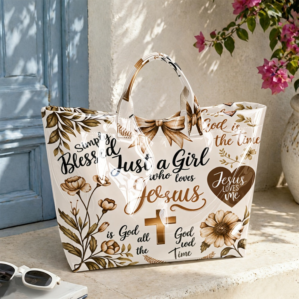 Christian Tote Bag with Floral and Cross Design, Faith-Inspired Glossy Shoulder and Top Handle Handbag for Church, Casual Outings and Everyday Carry