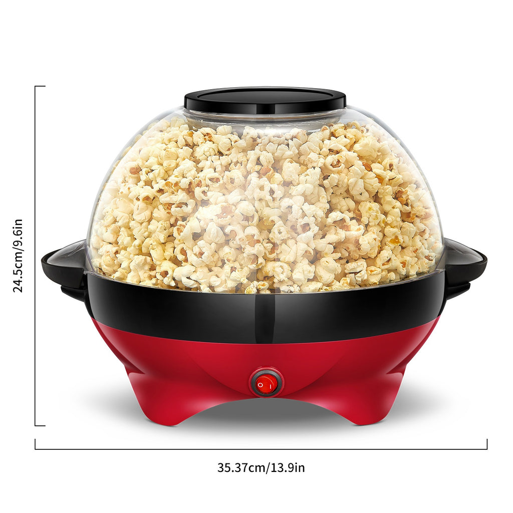 Electric Stirring Popcorn Maker with Listed 800W Power and 6-Quart Capacity, Removable Nonstick Plate and Serving Bowl Lid in Red or Black for Home Movie Nights