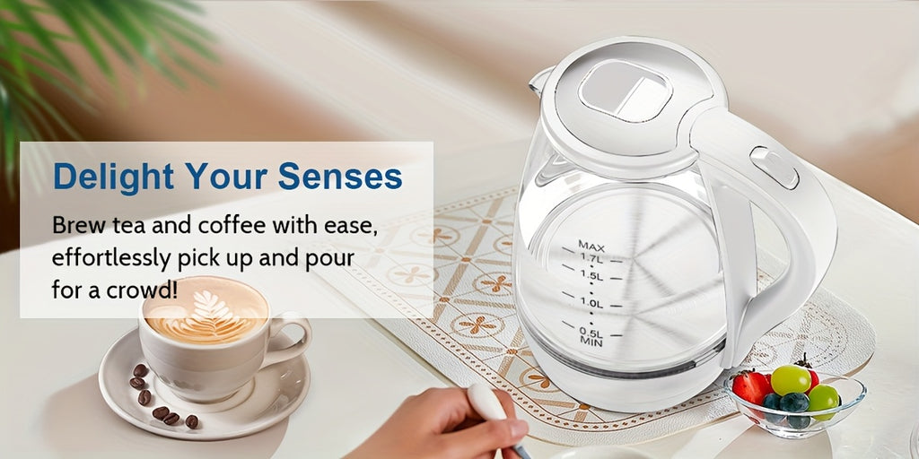 Blue LED Glass Electric Kettle with Listed 1.7L Capacity and 1200W Heating, Angled Pouring Spout, Auto-Shutoff and Boil-Dry Protection for Tea and Hot Water