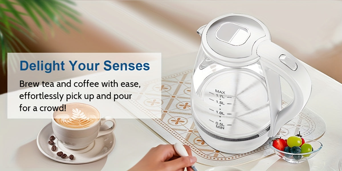 Blue LED Glass Electric Kettle with Listed 1.7L Capacity and 1200W Heating, Angled Pouring Spout, Auto-Shutoff and Boil-Dry Protection for Tea and Hot Water