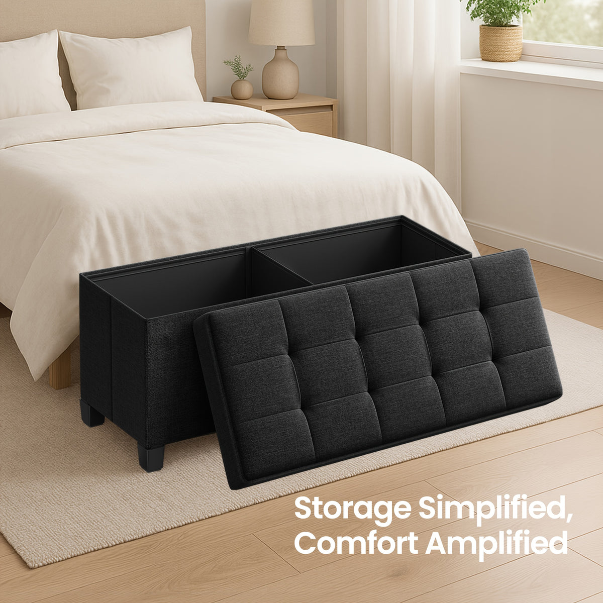 Six-Color Folding Storage Ottoman Bench for Living Room and Bedroom Organization, Camel Brown, Cream White, Gray, Dark Blue or Black with Listed Size Option