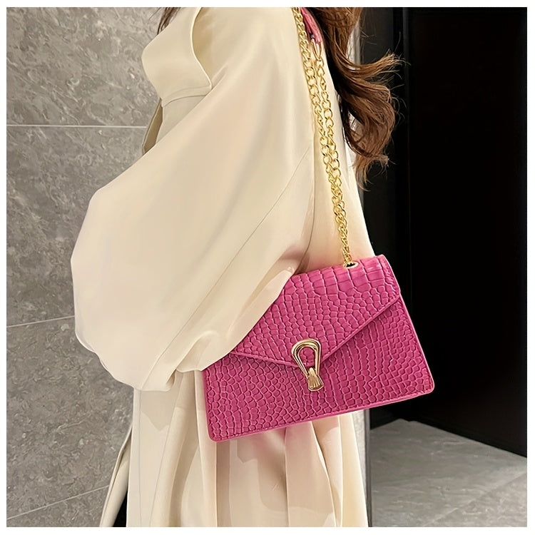 Reptile-Pattern Crossbody Bag for Women with Chain Strap Styling and Gold-Tone Hardware, White, Green or Rose Red Shoulder Purse for Casual and Evening Outfits