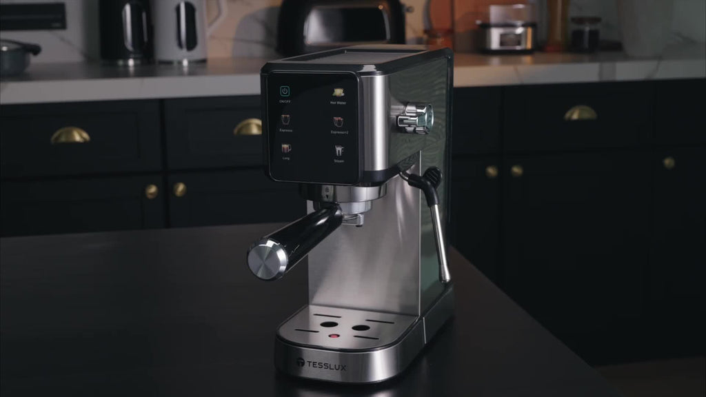 Touch Control Espresso Machine by TESSLUX, Listed 20 Bar Dual Boiler Coffee Maker with Milk Frother Wand in Silvery for Home Cappuccino and Latte Preparation