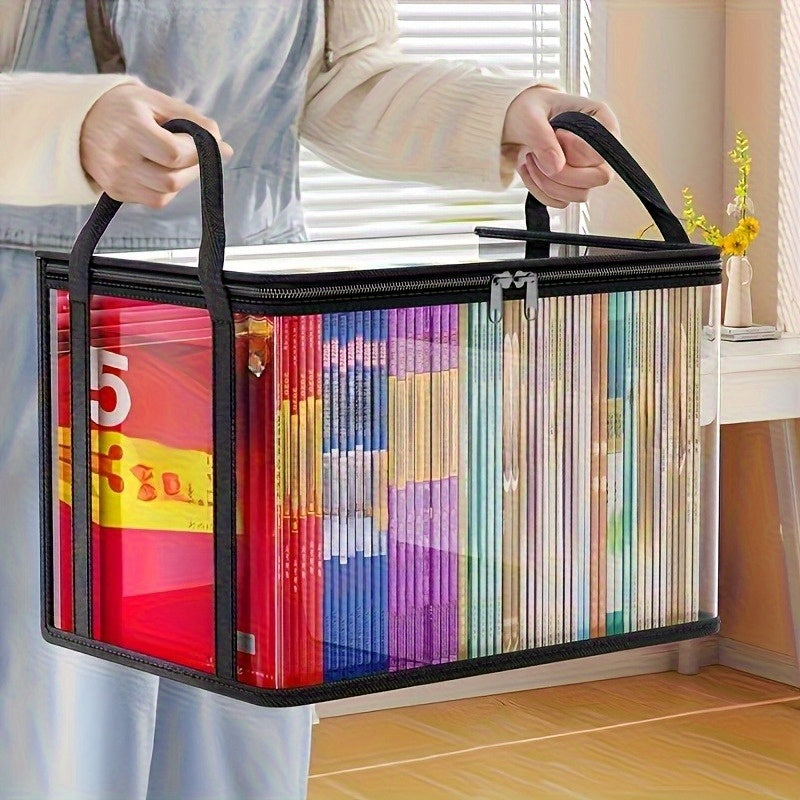 Transparent Book Storage Boxes, Listed Two-Piece Foldable Plastic Organizer Set with Black Option Label for Compatible Books, Clothing and Home Office Sorting