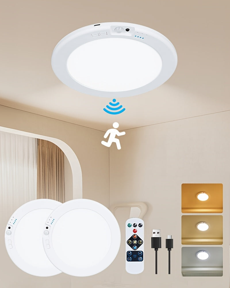 Rechargeable LED Ceiling Lights 2-Pack with Motion Sensor, Remote Control and Magnetic Design, Listed 5500mAh Battery and Three Lighting Modes for Home