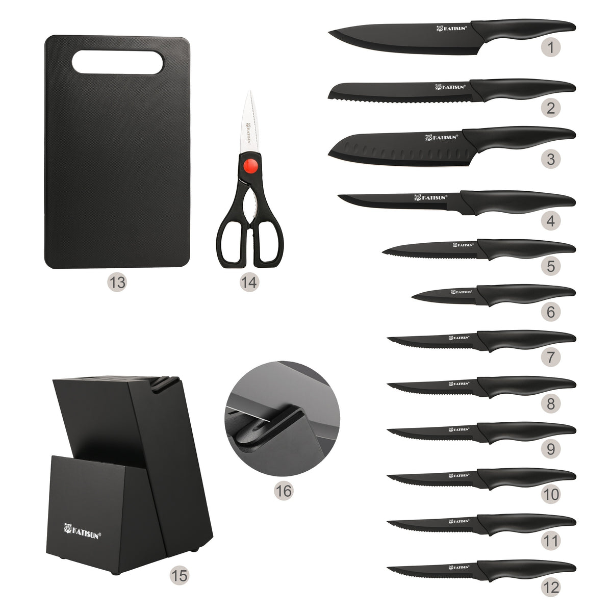 Black Knife and Cutting Board Set, Listed 15-Piece HM2205T-15 Kitchen Collection with Wooden Storage Block, Chef's Knife and Shears for Home Meal Prep