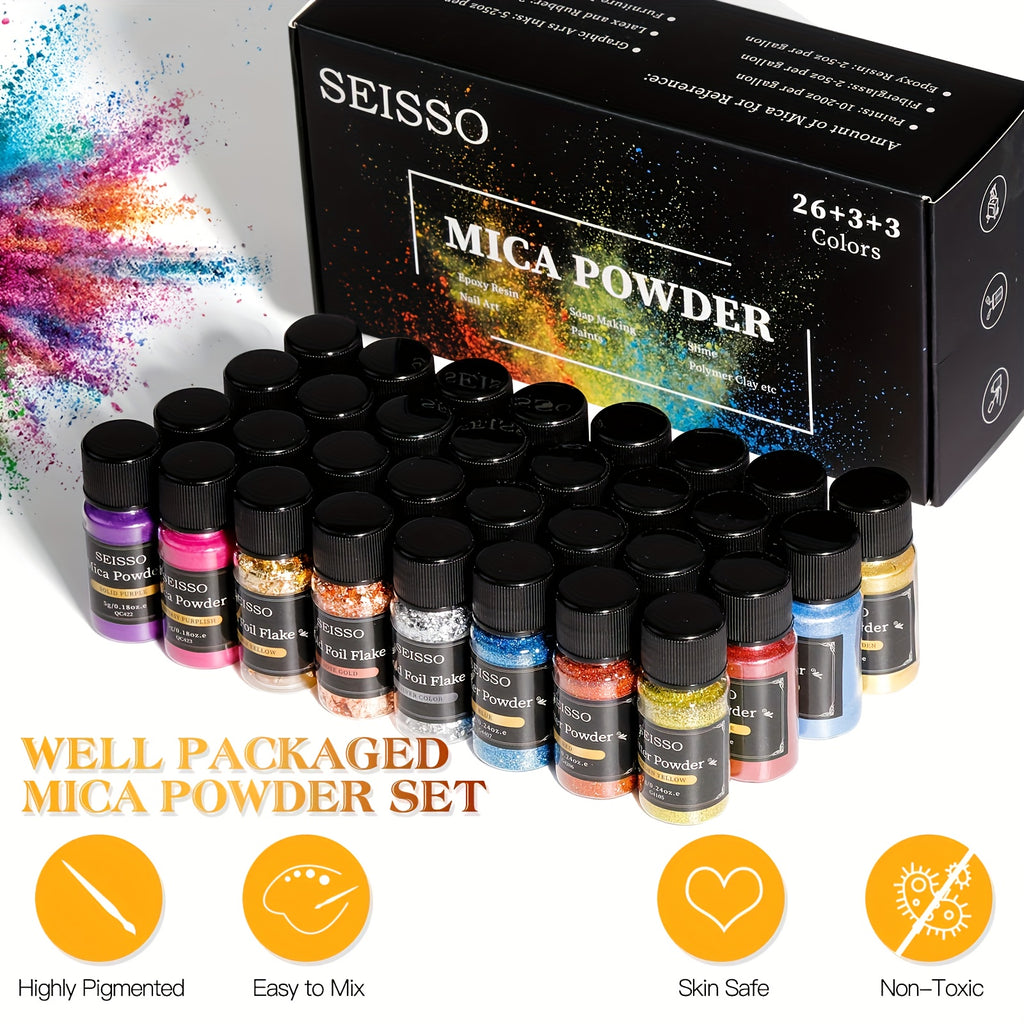 Mica Pigment and Glitter Craft Set with Listed 26 Mica Shades, Three Foil Flake Colors and Three Glitter Powders for Compatible Epoxy Resin Decorative Projects