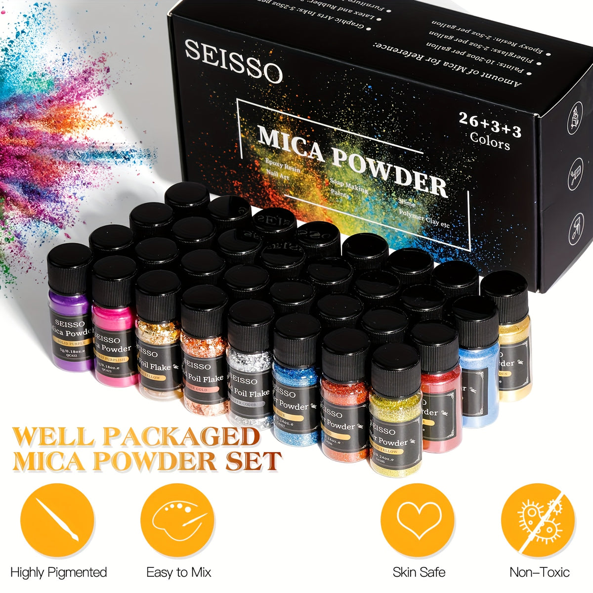 Mica Pigment and Glitter Craft Set with Listed 26 Mica Shades, Three Foil Flake Colors and Three Glitter Powders for Compatible Epoxy Resin Decorative Projects