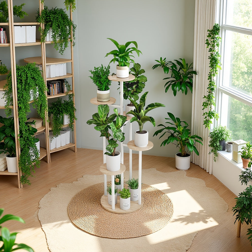 Six-Tier Metal Plant Stand by SUOERNUO with Listed Nine-Pot Display Layout, EVA Base Pads and Black or White Options for Indoor Corner Decor