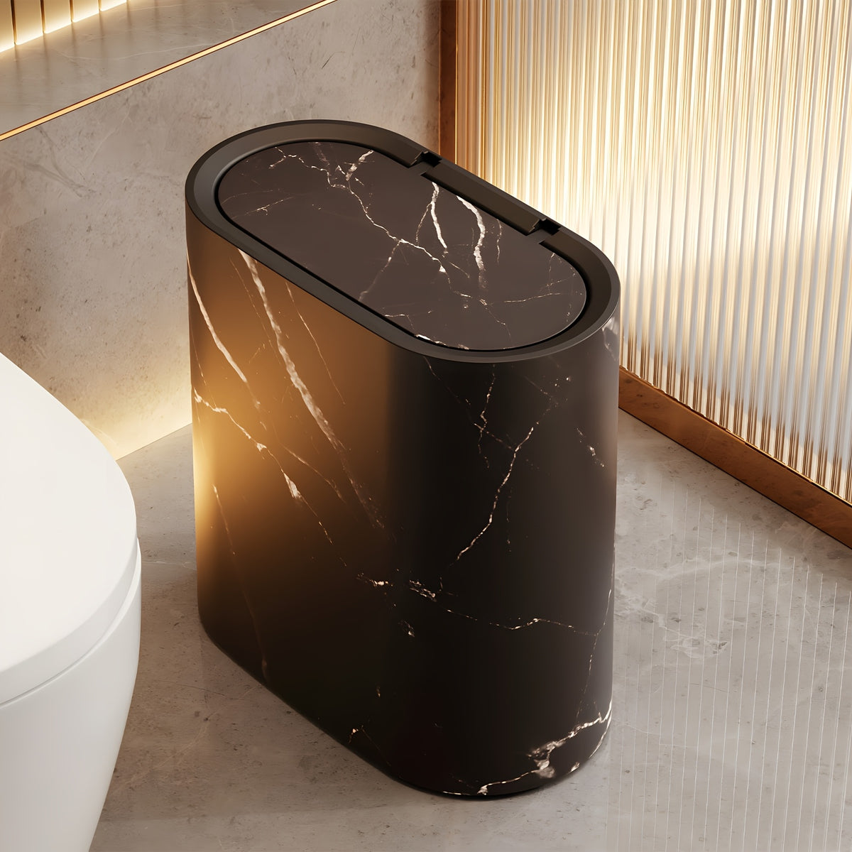 Plastic Wastebasket with Built-In Handles, Wood Grain, Black or White Options and Two-Piece Set for Bathroom, Laundry Room and Home Office