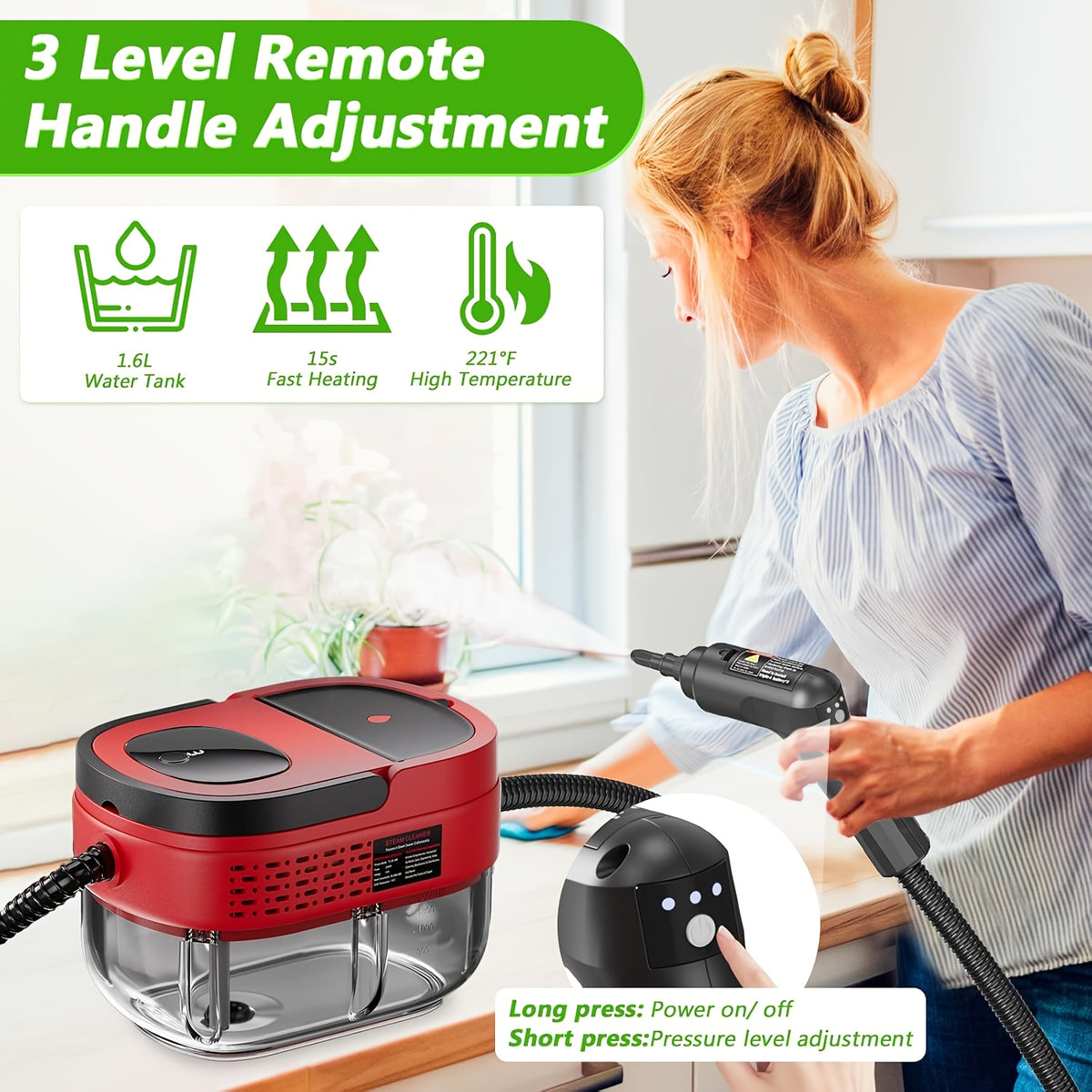Handheld Steam Cleaner with Listed 1500W Power and 54.1oz Water Tank, Three-Level Handle Control Wording and Red, White or Green Options for Compatible Home Surfaces