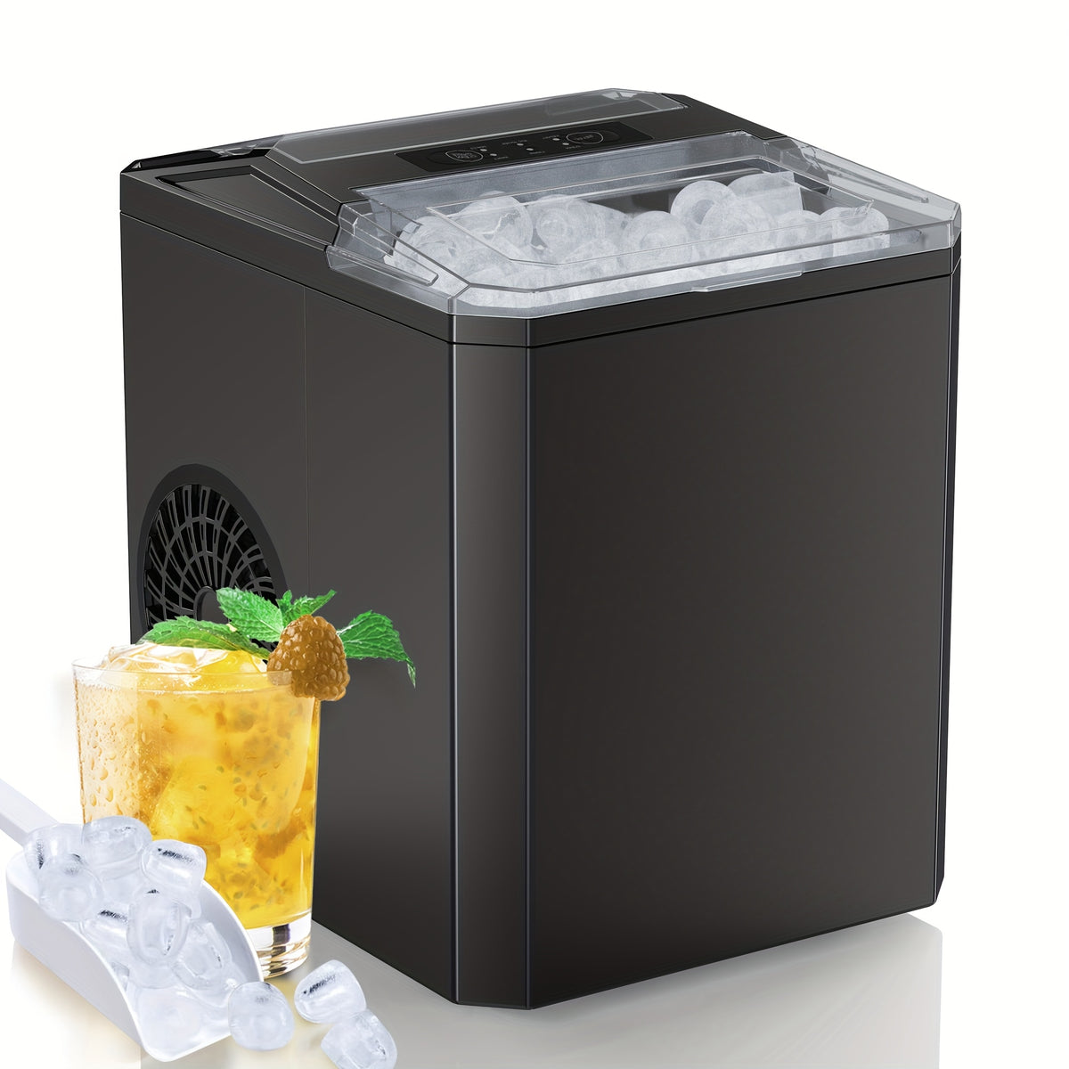 Compact Bullet Ice Maker, 9 Cubes in 6 Minutes and 26.5 lbs Daily Output, Self-Cleaning Ice Machine with Basket and Scoop for Home, Parties and RV Use