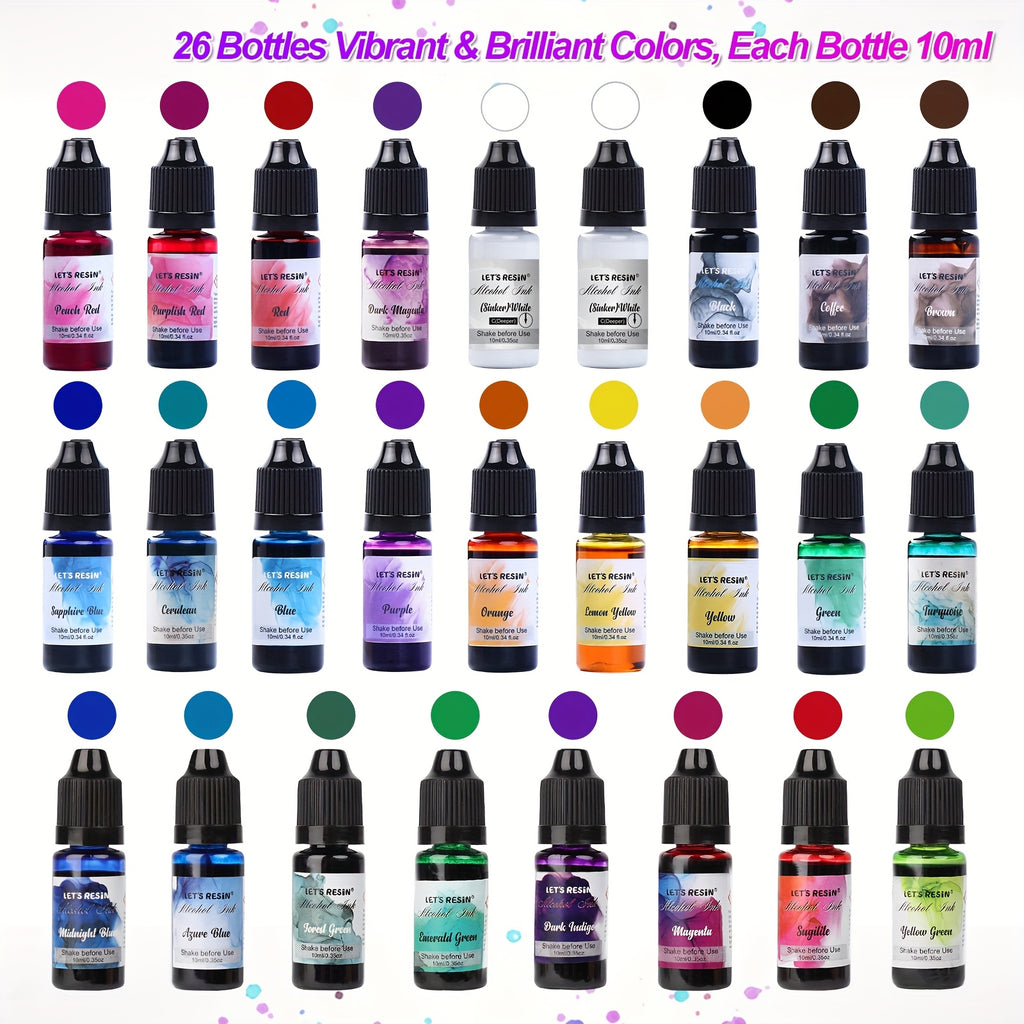 Alcohol Ink Set by LET'S RESIN, 26 Mixed Color Bottles at 10ml Each Including Two Whites for Compatible Resin Jewelry, Petri Dish Art and Decorative Tumbler Projects