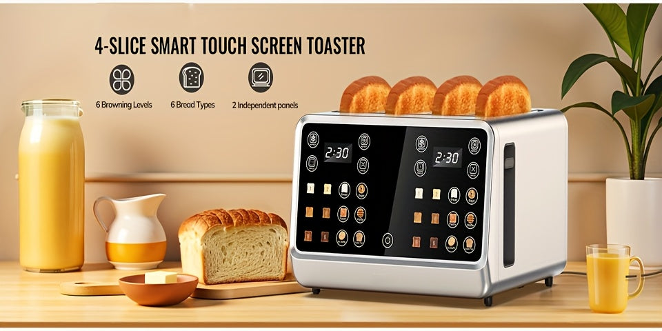 Four-Slice Digital Toaster with Listed Touchscreen, Dual Control Panels, Timer and Single-Slot Toasting, Stainless Steel Option for Bread, Bagels and Waffles