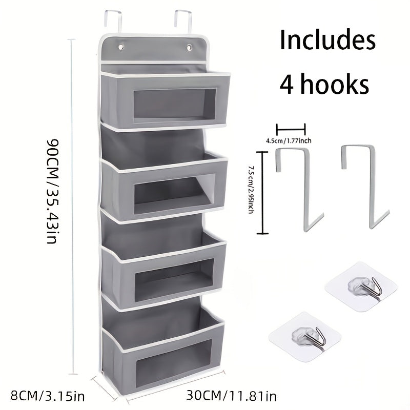 Four-Tier Fabric Door Organizer in Grey, Over-the-Door Pocket Storage for Bedroom Essentials, Bathroom Items and Closet Organization