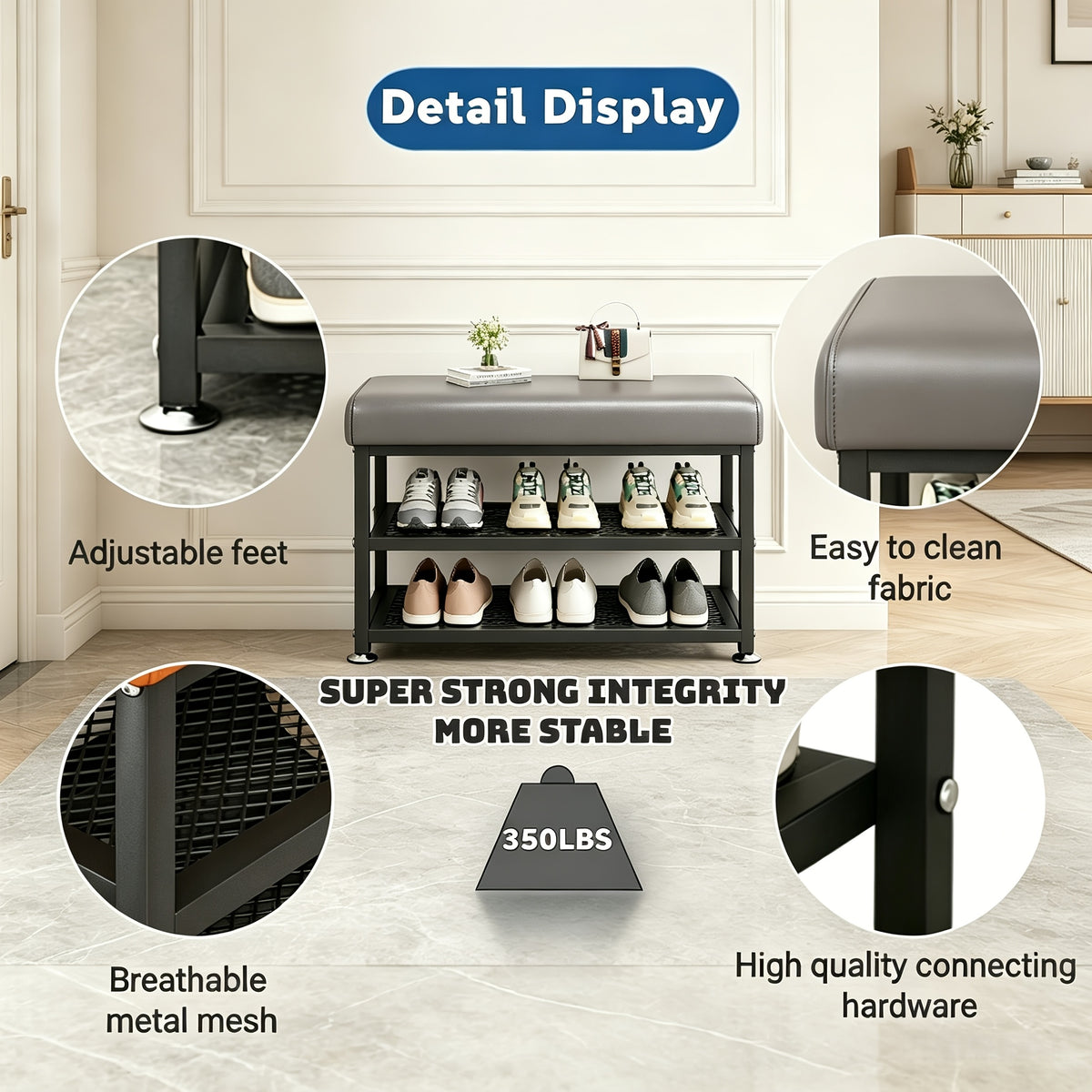 Cushioned Shoe Storage Stool with Metal Frame and Shoe Rack for Entryway, Hallway and Bedroom Organization, Orange or Gray in Large and Small Options