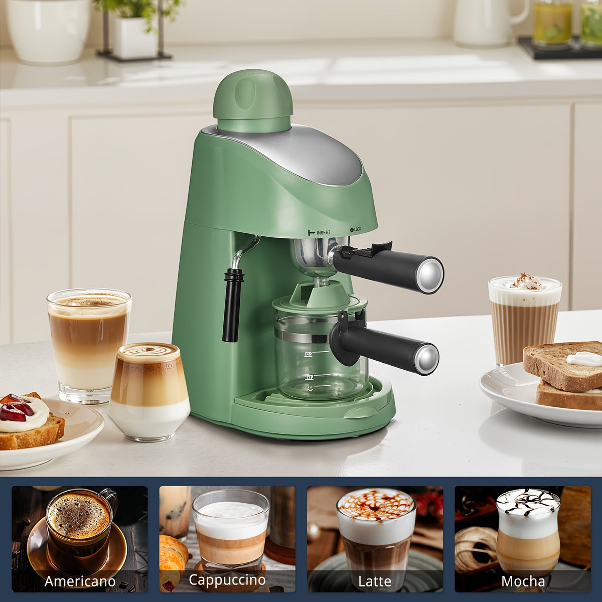 3.5 Bar Steam Espresso Machine Yabano, Compact Four-Cup Coffee Maker with Built-In Milk Frothing Wand and Removable Drip Tray in Black for Home