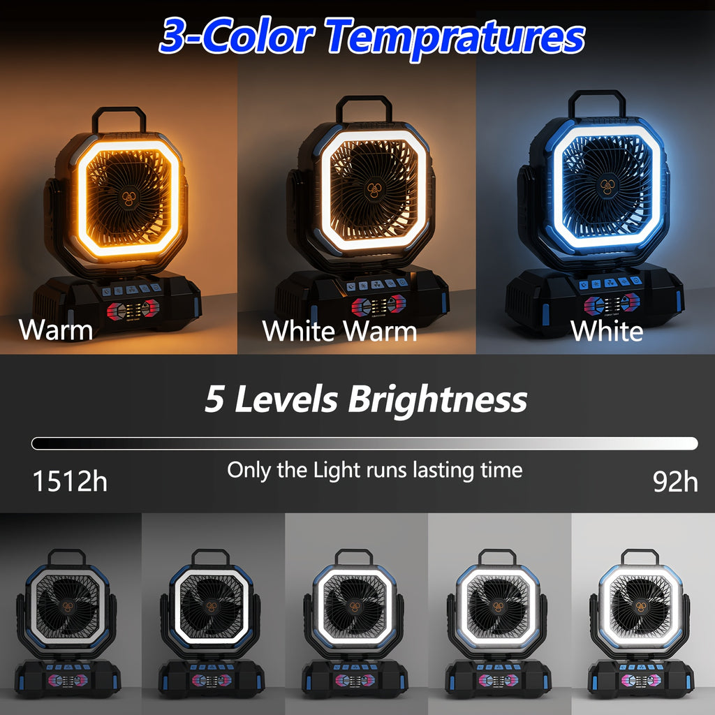 F6 Camping Fan with Four Speeds, Five-Level LED Light, Timer and Power Bank Function, Listed 40000mAh Model in Blue, Green or Orange for Tent and Home Use