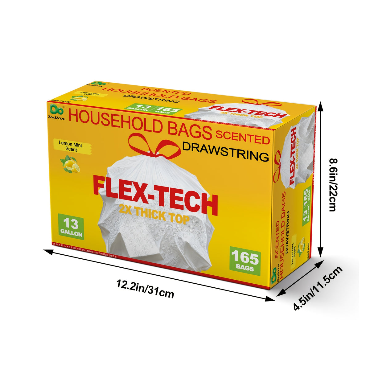 Lemon Scented Drawstring Trash Bags 13 Gallon, White Disposable Kitchen Bin Liners with Boxed Packaging Reference and 20, 55, 110 or 165 Quantity Labels