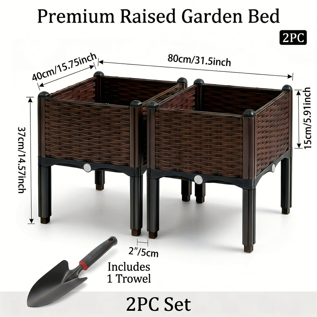 Elevated Plastic Planter Box Set with Legs, Two Raised Garden Beds with Listed Shovel for Outdoor Herb Growing, Vegetable Planting and Home Garden Projects