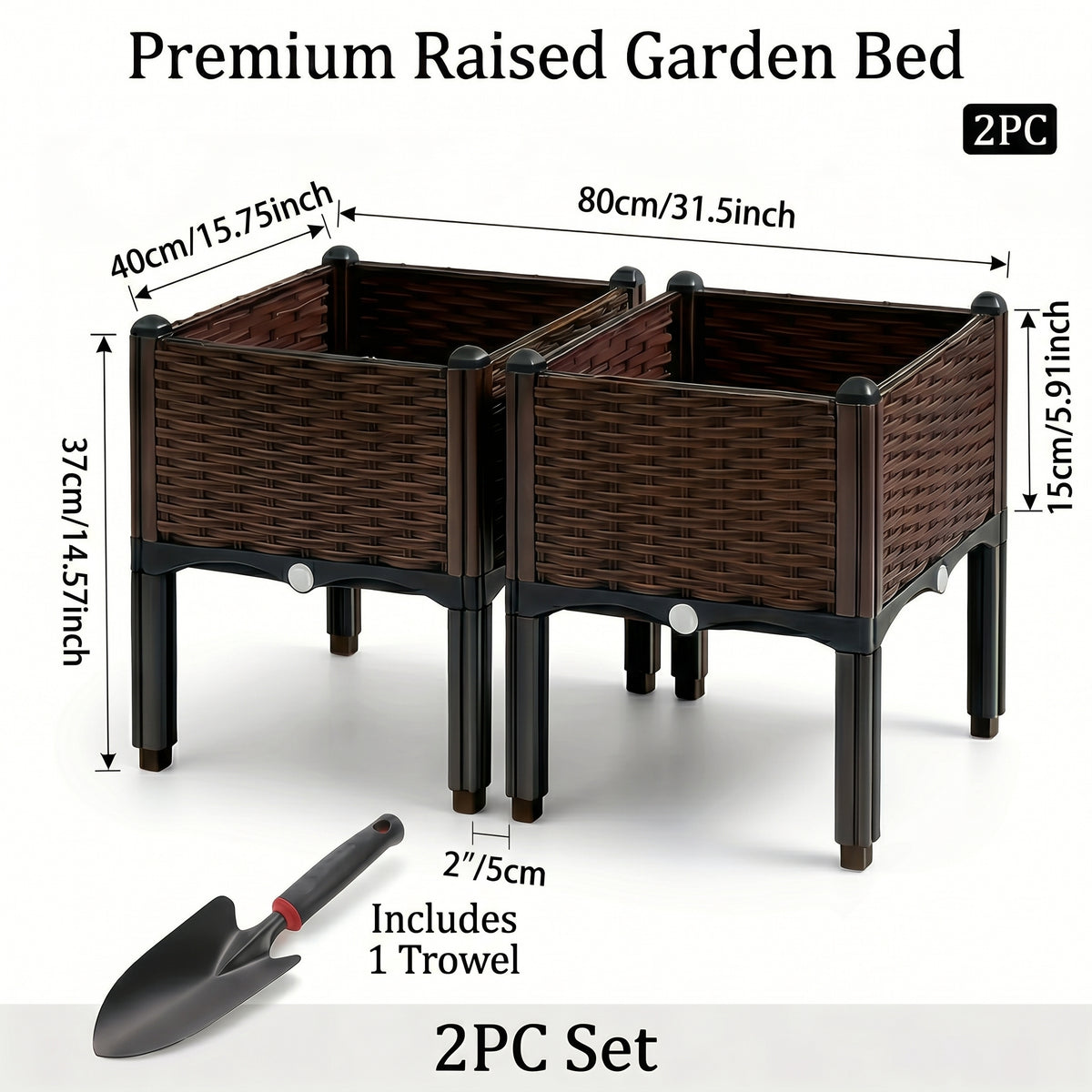 Elevated Plastic Planter Box Set with Legs, Two Raised Garden Beds with Listed Shovel for Outdoor Herb Growing, Vegetable Planting and Home Garden Projects
