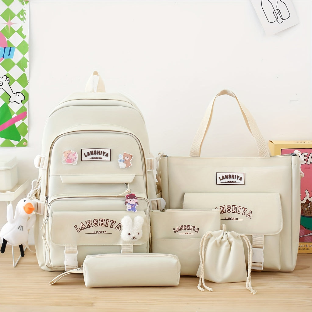 Solid-Color Canvas Backpack Set with Listed Five-Piece Format, Tote, Pencil Bag and Crossbody Wording, Four Pendant-Labeled Color Options for Student Daily Carry