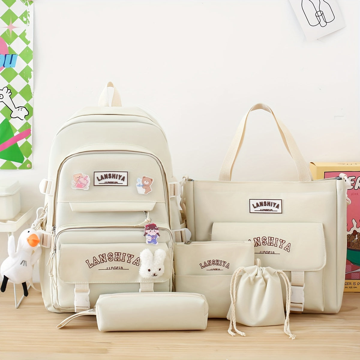 Solid-Color Canvas Backpack Set with Listed Five-Piece Format, Tote, Pencil Bag and Crossbody Wording, Four Pendant-Labeled Color Options for Student Daily Carry