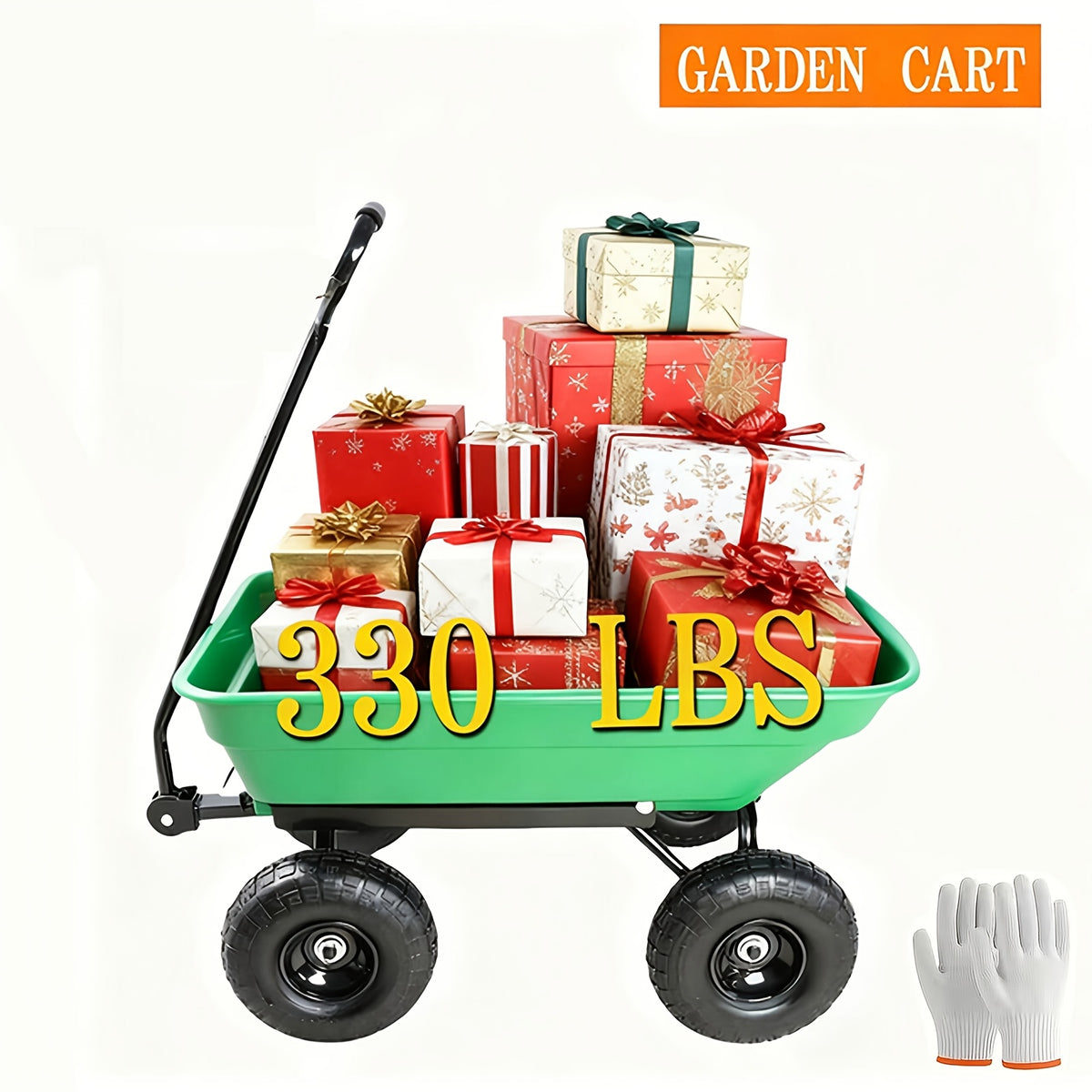 Poly Garden Dump Cart with Steel Frame, Listed 10-Inch Pneumatic Tires and 180-Degree Swivel Handle, Black or Green Option Labels for Lawn and Yard Supply Transport