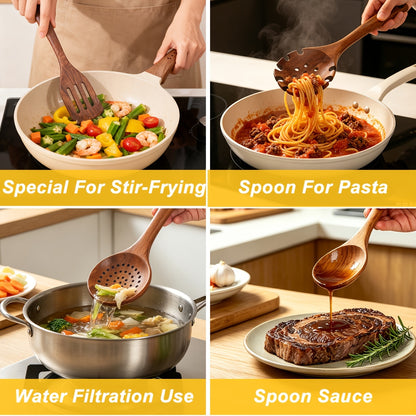 Wooden Cooking Utensils Set, 10-Piece Teak Kitchen Spoon and Spatula Tool Options for Everyday Stirring, Mixing and Meal Preparation in Home Kitchens