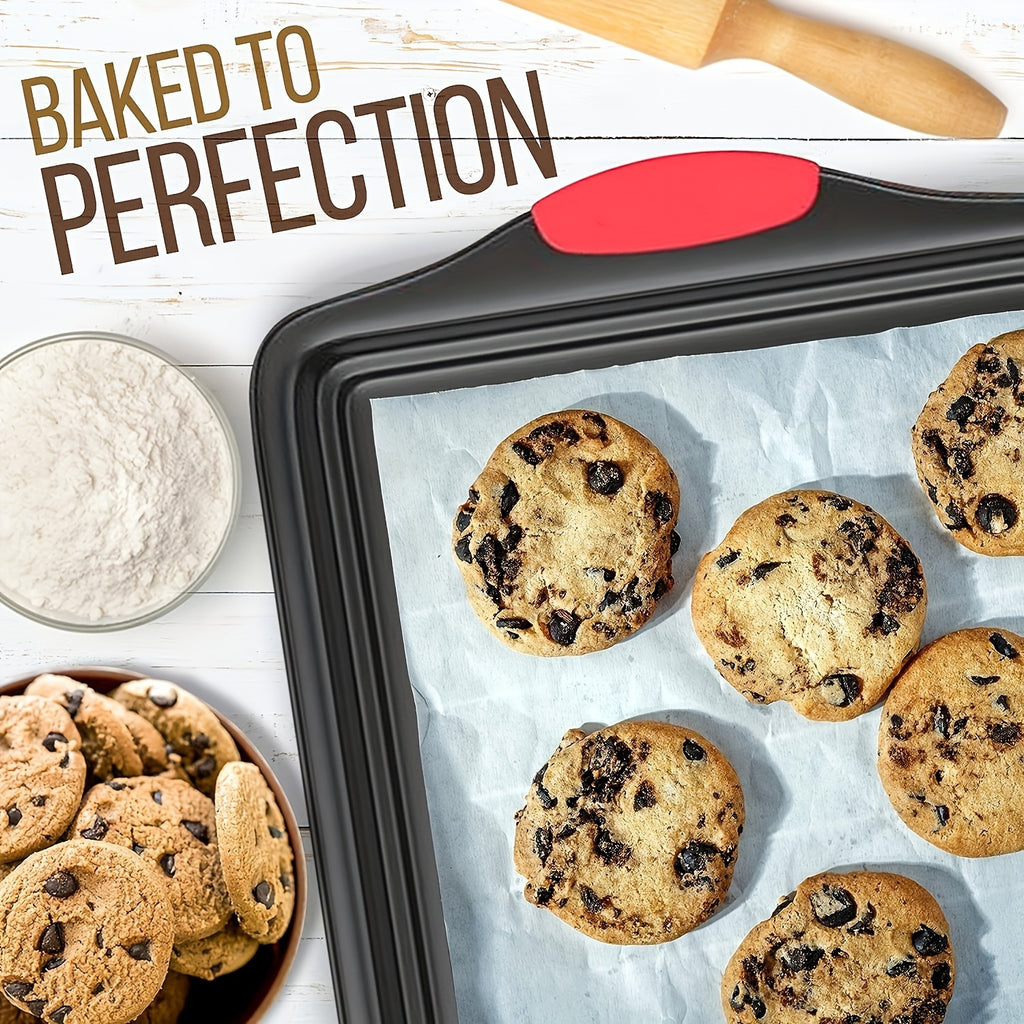 Baking Pan Set with Red Silicone Handles, 3-Piece Gray Carbon Steel Oven Bakeware with Listed Interior and Exterior Nonstick Finish for Home Baking