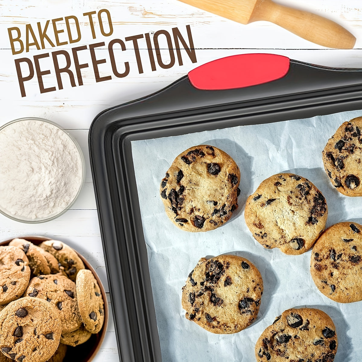 Baking Pan Set with Red Silicone Handles, 3-Piece Gray Carbon Steel Oven Bakeware with Listed Interior and Exterior Nonstick Finish for Home Baking