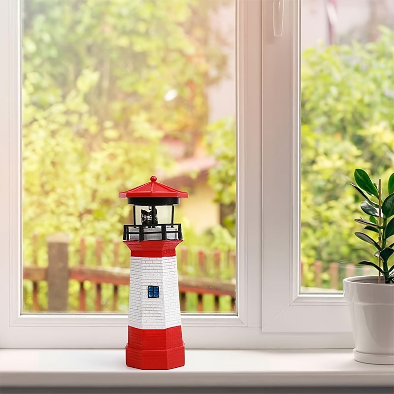 Rotating LED Solar Lighthouse with Built-In Solar Panel and Automatic Night Lighting Wording, Upgraded Model Label for Nautical Garden and Patio Decoration