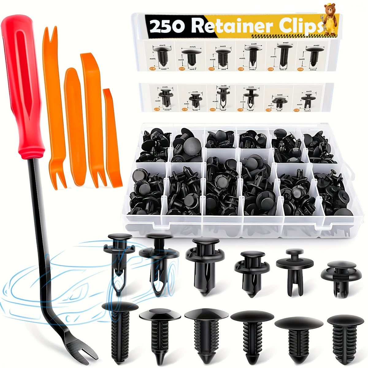 Bumper Retainer Clips and Plastic Push Rivet Fasteners for Compatible Car Applications, Seven Quantity Options with Removal Tool References
