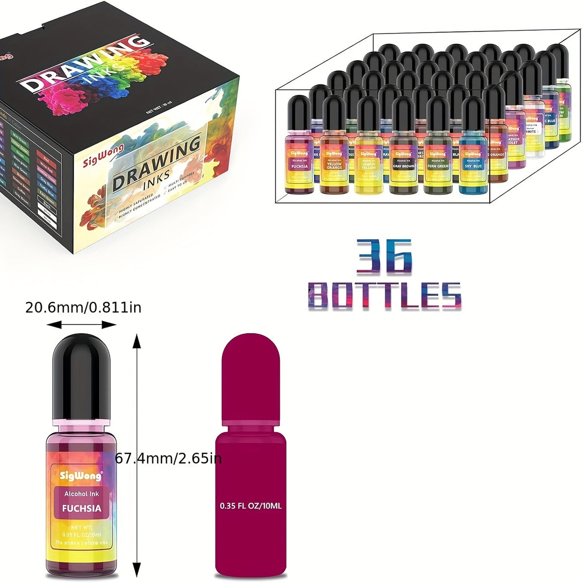 36-Color Alcohol Ink Set, Concentrated Alcohol-Based Resin Dye in 0.34oz Bottles for Petri Dish Art, Decorative Coasters, Painting and Tumbler Crafts