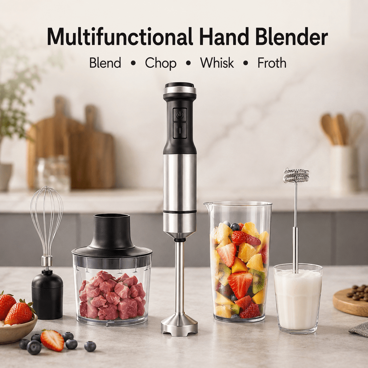 Hand Blender 800W 5-in-1 with 12-Speed Control & Turbo, Stainless Steel Shaft, Food Chopper, Whisk & Milk Frother for Soup, Smoothies and Baby Food