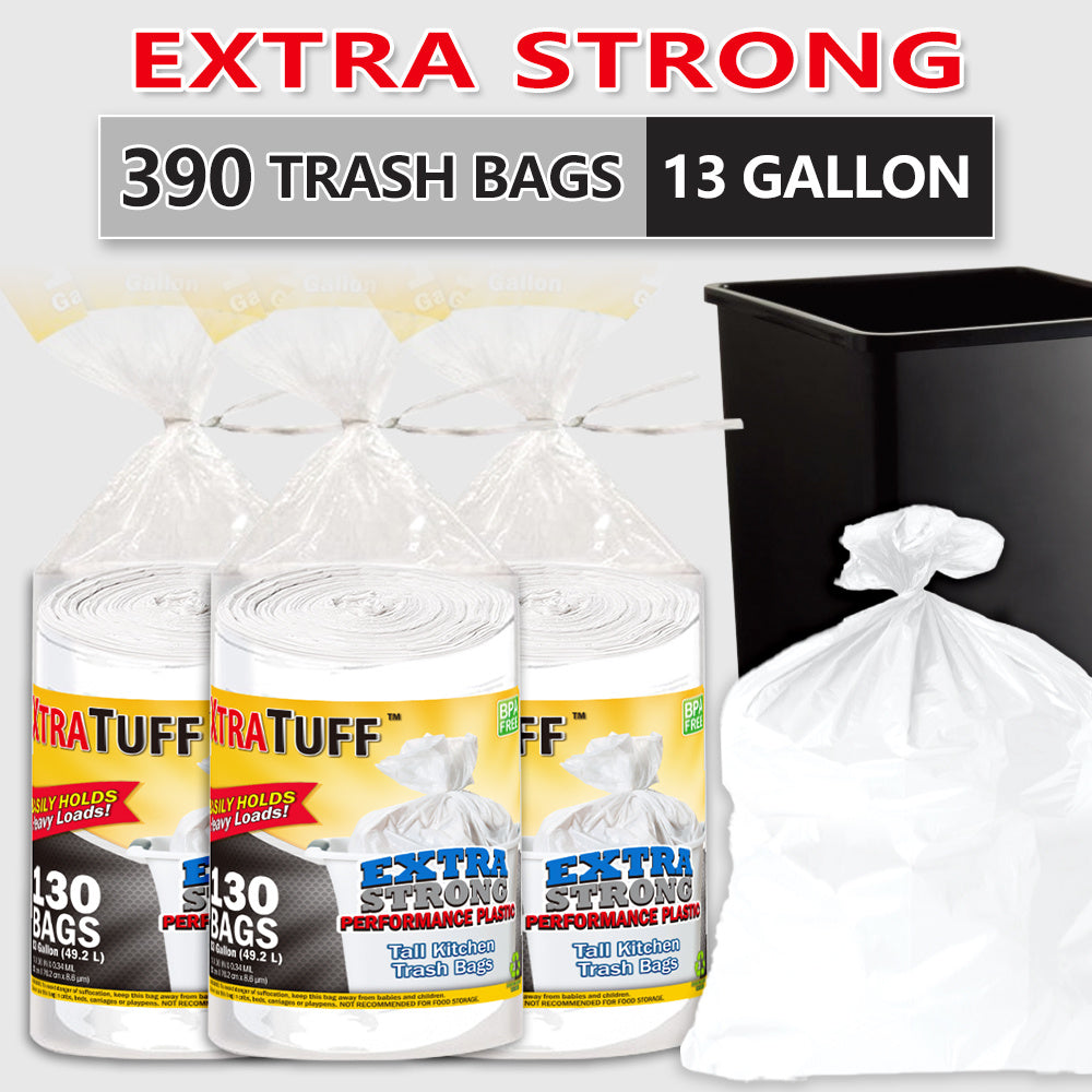 13 Gallon Disposable Garbage Bags, Plastic Household Bin Liners with 390-Bag Selection Label for Kitchen, Bedroom, Living Room and Bathroom Cleanup